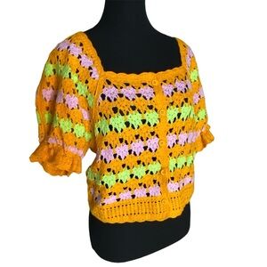 VERY J NEW IN Tangerine Mix Crochet Knit Cardigan Crop Granny Square Med Large